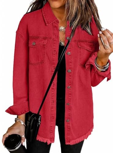 Image of MAGIMODAC Ladies Denim Jackets Long Sleeve Jean Jacket Shirt Button Down Solid Colour Shacket Casual Boyfriend Shackets Regular Fit with Pockets Red L