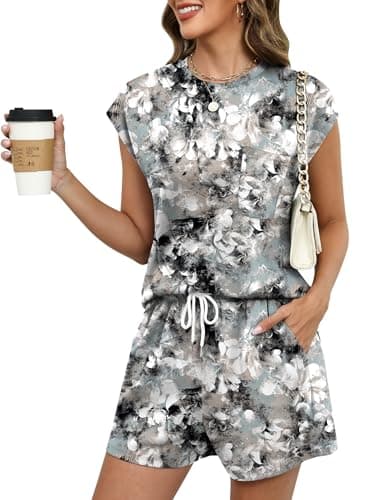Image of Rapbin Two Piece Sets for Women Summer Outfits Print Lounge Sets Ladies Tracksuit Summer Casual Vacation Travel 2026 Black and White Flower M