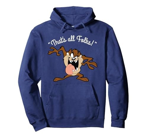 Image of Looney Tunes Taz That's All Folks White Pullover Hoodie, Adult Unisex, Navy Blue, Medium