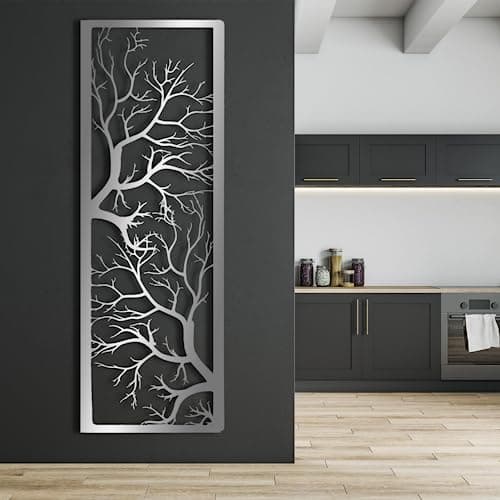 Image of Modern minimalist art metal wall decor Tree of Life Branches Branch Vertical Hanging for Living Room Bathroom Bedroom (40" x 13" | 100 34 cm silver)