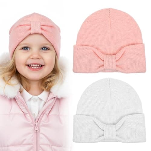Image of Larrel 2PCS Baby Beanie, Knitted Warm Hat for Girl and Boy, Soft Toddler Kids Winter Hats, Comfort Cute Warm Cap Beanies for Infant (Pink and White)