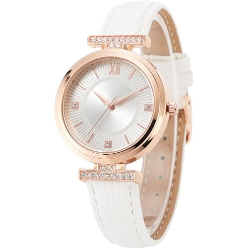 Image of NUOVO Watches for Women Elegant White Leather Strap Rhinestone Women's Quartz Watch Water Resist Wristwatch for Daily Life Travel Date Watch
