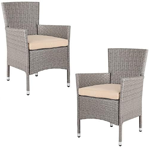 Image of CASARIA® Set of 2 Polyrattan Garden Chairs | Stackable | Weatherproof | High Back Armchairs with 7cm Padded Seat Cushions | 160kg Load Capacity | Outdoor Garden Patio Balcony Furniture | Cream