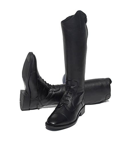 Image of Rhinegold Elite Luxus Childs Young Rider BLACK LEATHER RIDING BOOTS - Soft Feel Leather, Comfortable Fit, Elasticated Laced Front, Women's Equestrian Boots with Full Length Back Zip, Size 5, EU 38