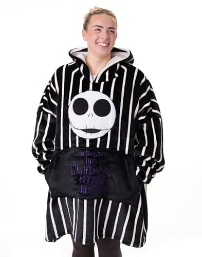Image of Disney The Nightmare Before Christmas Unisex Wearable Blanket Hoodie | Adults Striped Pullover in Black with Jack Skellington Character | Sherpa Lined Hooded Loungewear with Pockets for Men and Women