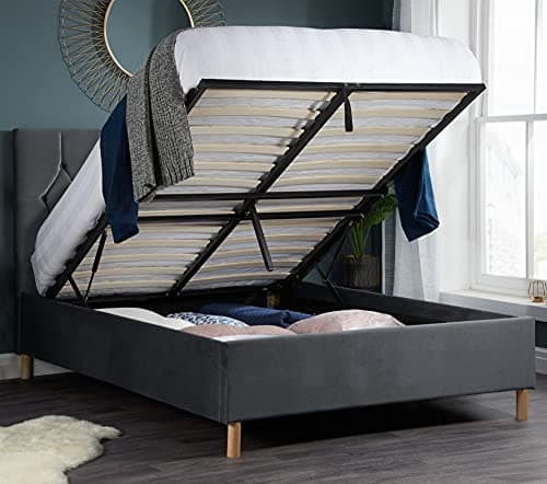 Image of happybeds Ottoman Storage Bed, Loxley Velvet Fabric Ottoman Storage Modern Bed (5FT - Frame Only, Grey)