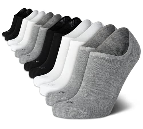 Image of Calvin Klein Mens Liner Socks - 12 Pack Lightweight Performance Non Slip No Show Socks for Men - Athletic Shoe Sock Liners, White/Grey/Black, 5-12 UK