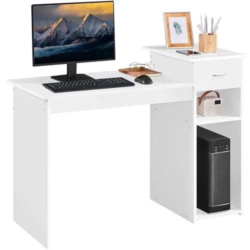 Image of Yaheetech Small White Computer Desk, Compact Study PC Laptop Table Workstation with Drawer and Shelf for Home Office