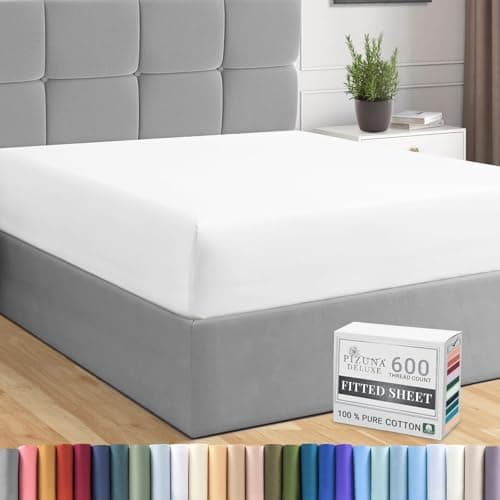 Image of Pizuna Pure Combed Cotton Super King Fitted Sheet White, 600 Thread Count 100% Long Staple Cotton Fitted Sheet 180x200 cm, Sateen Weave Superking Fitted Sheet Extra Deep 40 cm Fit 1 PC