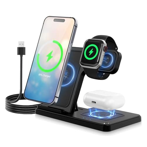 Image of 3 in 1 Wireless Charging Station for iphone Fast Wireless Charger Stand for Apple Watch, for Airpods Pro 4 3 2, for iphone 17/16/15/14/13/12/11/8/XS/XR/X/SE(No Plug Included) (Black)