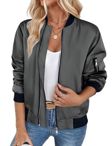 Image of Zeagoo Flight Jacket Women Zip Up Lightweight Bomber Jackets Elegant Long Sleeve Quilted Jackets Solid Fashion Pilot Jacket with Pockets Darkgray S