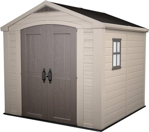 Image of Keter, Factor Outdoor Plastic Garden Storage Shed, elegant wood-effect exterior with double doors and ventilation grills, heavy-duty floor with window and skylight, 255 x 256.5 x 243 cm, Beige