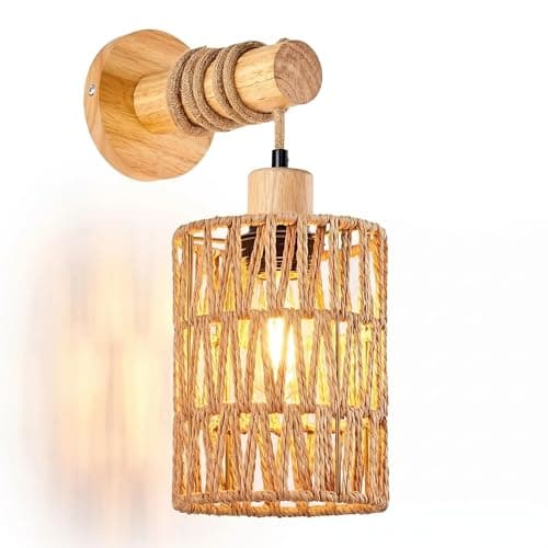 Image of Rravdst Rattan Boho Wall Sconces, Wall Lights Indoor, Boho Wood Wall Lamp E27 Woven Lantern Wooden Wall Sconces, Rattan Wicker Lampshades Wall Light Lantern for Living Room Bedrooms Hallway Entryway