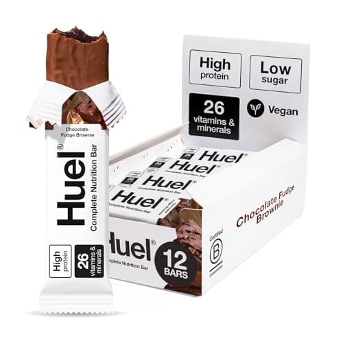 Image of Huel Complete Nutrition Bar, 12 x 51g Bars, Chocolate Fudge Brownie, High Protein Bar, Plant-Based Protein Bars, Low Sugar, High Fibre, High-Protein Snack with Vegan Chocolate, Under 200 Calories