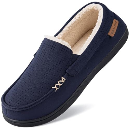Image of VeraCosy Men's Comfy Suede Memory Foam Moccasin Slippers Warm Sherpa Lining House Shoes with Anti-Skid Rubber Sole Navy,8 UK