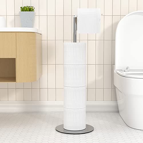 Image of Free-standing Toilet Roll Holder with Heavy Base, Stainless Steel Toilet Roll Holder Stand with Drawing Finish, Simple and Practical Toilet Roll Storage Dispenser