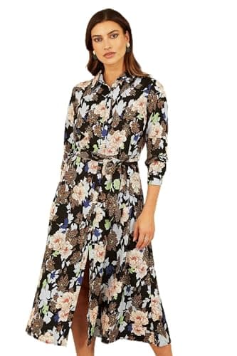 Image of Mela London Mela Black Floral and Animal Print Long Sleeve Midi Shirt Dress Black 14