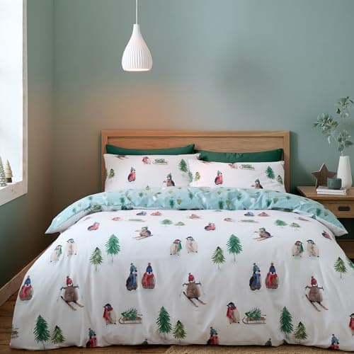 Image of Catherine Lansfield Brushed Snowy Penguin Reversible Double Duvet Cover Set with Pillowcases White