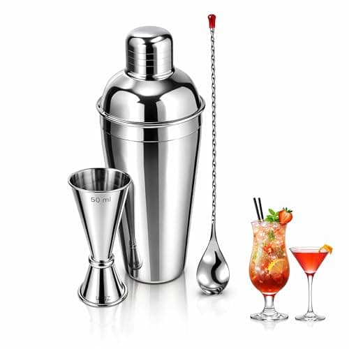 Image of Chabrias Ltd 3-Piece Stainless Steel Cocktail Shaker Set 750ml – Bartender Kit with Shaker, Double Jigger (25ml/50ml) & Twisted Mixing Spoon – Cocktail Making Kit & Gift Set