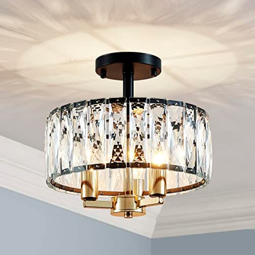 Image of Saint Mossi K9 Crystal Semi Flush Mount Ceiling Light Fixture, Modern Style, Close to Ceiling, E14 Gold Base 3-Lights, D30cm x H18cm, Black Finish