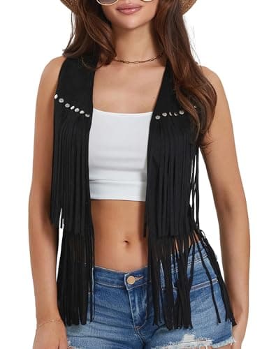Image of LYSINK Women Cowgirl Tassel Waistcoat Suede Rivets Sleeveless Fringed Jacket 70s Western Hippie Country Concert Vest (A-Black, XXL)