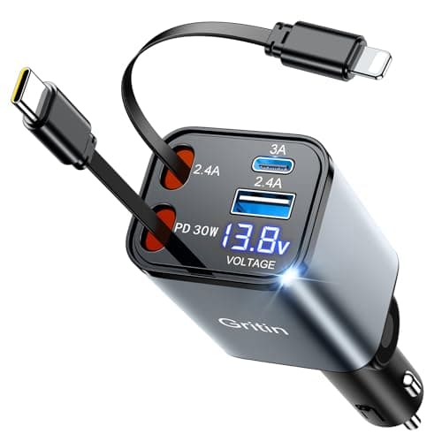 Image of Gritin Retractable Car Charger, 69W Super Fast 4 in 1 USB C Car Charger Adapter with Smart Device-Adaptive Charging Technology&Instant Voltage Display, Accessories for iPhone17 16 Pro Max,iPad,Android