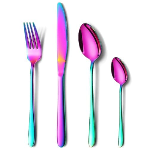 Image of Rainbow Cutlery Set, NINIROR 16 Piece Food-Grade Stainless Steel Flatware Silverware Set for 4 People Include Spoon Knife and Fork Sets Mirror Polished Dishwasher Safe for Home Kitchen Restaurant