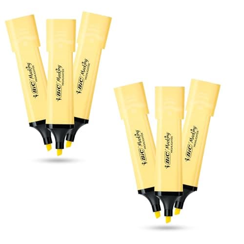 Image of BIC Marking Highlighter Flat Highlighter Marker Pack of 6 Plastic Highlighter Pen with Pastel Yellow Ink Highlighter Pens for Smooth Notes Precise Highlights Ideal for School and Office