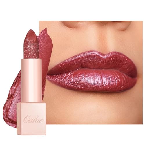 Image of Oulac Rose Glitter Lipstick - Brunt Rose Moisture Tinted Lip Balm, Metallic Sparkly Finish, Peach Shiny lipstick, High Pigment, Creamy Brilliant Lip Color with Shea Butter, Vegan D04