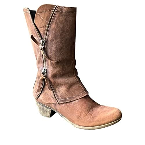 Image of Cowboy Boots Women Wide Calf Casual Mid Calf Booties Vintage Stylish Low Chunky Heel Classic Side Zipper Comfortable Western Boots Outdoor Walking Hiking