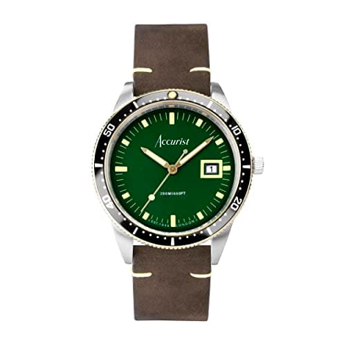 Image of Accurist Dive 42mm Quartz Watch in Green with Analogue Display, and Brown Leather Strap 72000