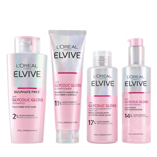 Image of L'Oréal Paris Elvive Glycolic Gloss Shampoo, Conditioner and Rinse-Off Treatment Set for Dull Porous Hair, Get The Shiniest Hair of Your Life, Glossing Routine for Mirror-Like Shine