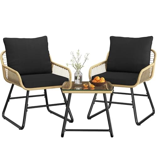Image of Yaheetech 3 Pieces Bistro Set, Outdoor PE Wicker Chairs with Washable Cushions and Tempered Glass Table, Patio Conversation Set for Backyard, Poolside, Balcony, Porch, Tan/Black