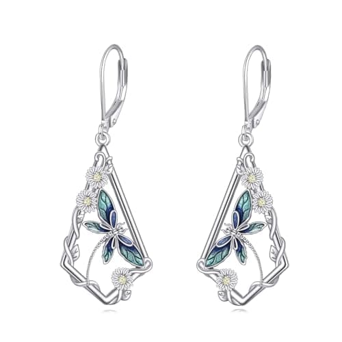 Image of Dragonfly Earrings Sterling Silver Daisy Flower Dragonfly Leverback Earrings Dangle Drop Jewellry Birthday Gifts for Women