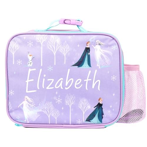 Image of Disney Frozen Personalised Kids Lunch Bag - Thermal Insulated with mesh Drinks Holder - School and Snacks Bag for Girls - Purple
