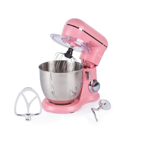 Image of Salter British Bakes Stand Mixer – 5L Food Mixer for Baking, 1300W, 10 Speeds, Easy Control Dial, Removeable Splash Guard, Pink Electric Kitchen Appliance with Whisk, Dough Hook and Beater