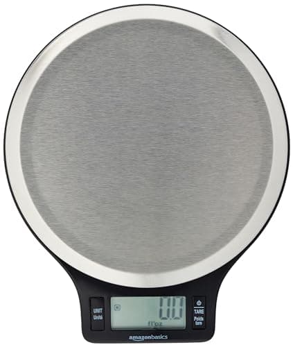 Image of Amazon Basics Digital kitchen scales with LCD display (with batteries), Black and Stainless Steel, BPA free, Weighs up to 11 pounds
