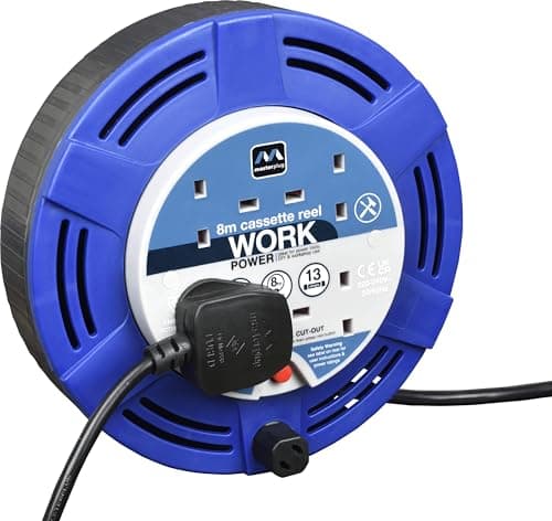 Image of Masterplug Four Socket, 8 Metre Cassette Reel, Medium Extension Lead Cable Reel, Wind-Up Retractable Power Cord Reel, Thermal Cut Out, Work Power, Blue/Black, 13A, 4G, 8m, MCT0813/4BL