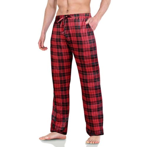 Image of AUYAO Men's Red Plaid Pyjama Bottoms Soft Red Checked Lounge Pants with Pockets Adjustable Pyjamas Lounge Pants Cotton Soft PJ Sleepwear Nightwear Relaxed Fit