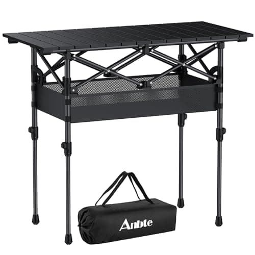Image of Anbte 3ft Roll Up Camping Table, 2 Adjustable Heights Aluminum Folding Camping Table with Storage Net and Bag, Waterproof, Lightweight Outdoor Table 32.2” x 16”, for Travel Bbq Party Picnic, Black