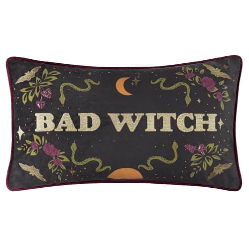 Image of Furn Bad Witch Feather Filled Cushion – Reversible Halloween Embroidered Velvet Decorative Pillow with Metallic Thread (Black Magic - 30x50cm)