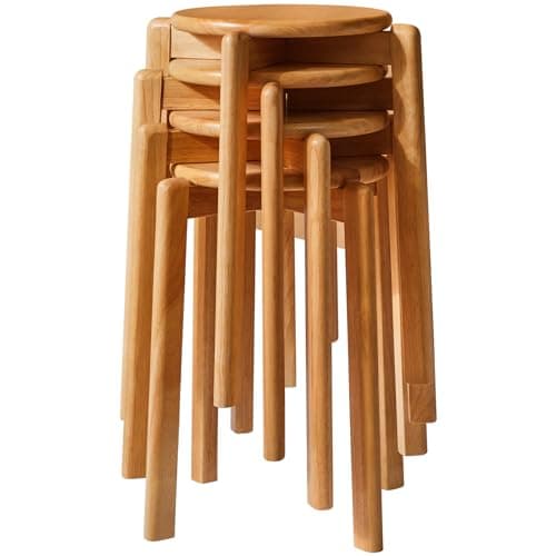 Image of YMYNY 4pcs Solid Wood Round Stool, Shoes change Stool, Dressing Stool, Small stool, Stackable Stools for Living Room, Dining Room, Kitchen, Classroom, 27×27×45CM Natural Color HBD026N-4