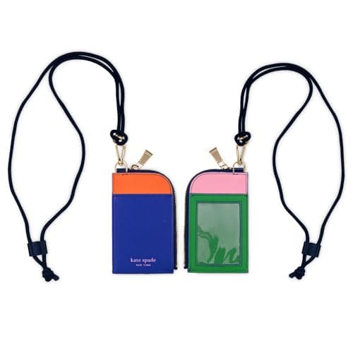 Image of Kate Spade New York ID Badge Holder with Lanyard, Vegan Leather Slim Card Wallet with Zipper, Name Tag Case for Work, School, or Travel (Colorblock)
