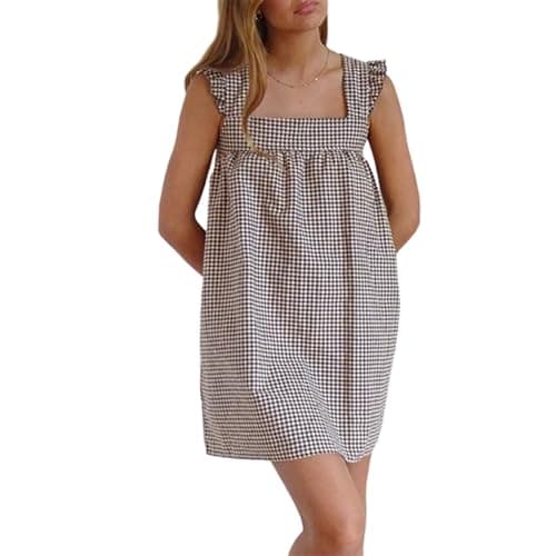 Image of FeMereina Women's Ruffle Trim Square Neck Mini Dresses Cap Sleeve High Waist Smock Dress Plaid Print Loose Fit Cami Dress (Light Brown, S)