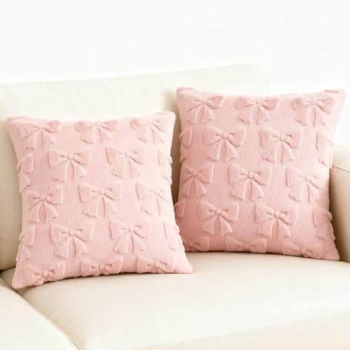 Image of 2 Pack Bow Pillow Cases, Pink Velvet Cushion Covers 45 x 45cm, Square Cushion Covers for Bedroom Decor, Blush Pink Pillow Cases for Sofa Living Room Car Interior