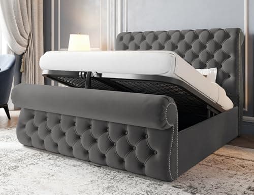 Image of Sworn Sleigh Small Double Bed with Storage, Plush Velvet Small Double Bed Ottoman 4ft with Gas Lift, Heavy-Duty Metal Mesh Base & Panelled Headboard, Space Saving Storage Beds in Grey Plush