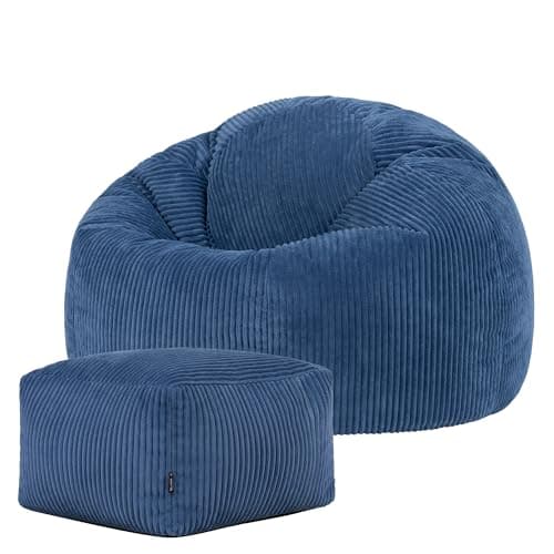 Image of icon Kingston Cord Bean Bag with Footstool, Denim Blue, Large Adult Bean Bag Chair with Filling Included, Comfy Chair, Pouffe Footstool, Living Room Furniture, Bedroom Furniture