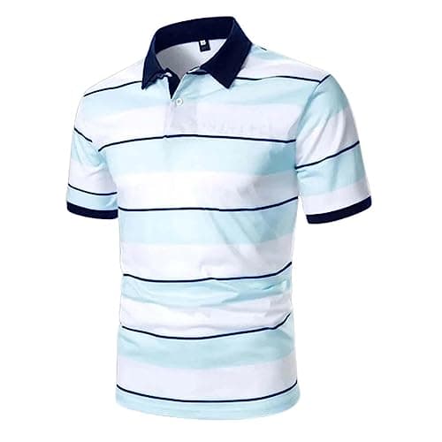 Image of Mens Polo Shirts Stripes Printed Short Sleeve T Shirt Summer Tops Athletic Breathable Tshirts Fashion Casual Tee Business Outdoor T-Shirts (Light Blue, S)