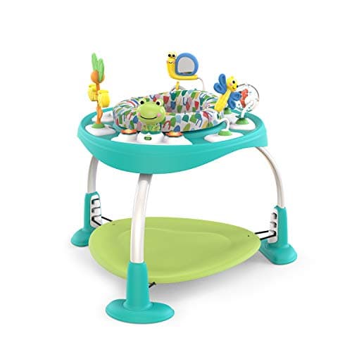 Image of Bright Starts, Bounce Bounce Baby 2-in-1 Activity Seat Jumper and Standing Play Table - Playful Pond with 7 Interactive Toys, Adjustable Height, Storage Bag, 360° Rotation, Ages 6 Months +, Green