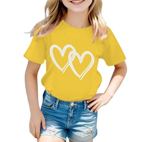 Image of Girls' Cute Graphic Print Cotton T-Shirt - Round Neck Short Sleeve Tee for Summer, Casual, School - Lightweight Soft Christmas Top for Kids Age 3-12 (05-Yellow, 9-10 Years)